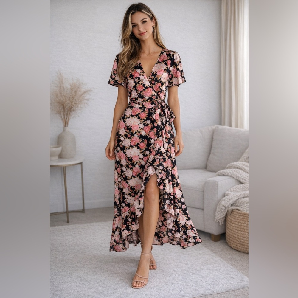 Aura Black and Pink‎ Floral Flutter Sleeve wedding guest Spring Maxi Dress XS